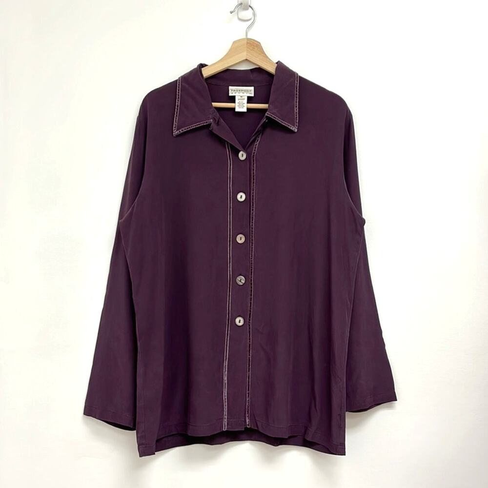 Freeport Studio 100% Silk Velvet Trim Oversized Artsy Whimsical Button-Down Med